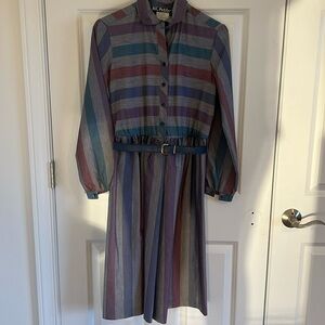 Vintage K.C. Petites Belted Collared Dress Size 8 Multi-Striped Long Sleeve